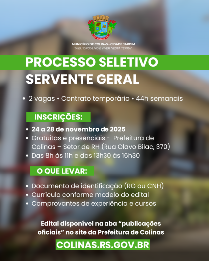 Colinas abre processo seletivo para contratação de Serventes Gerais