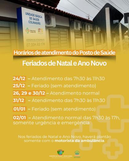 Posto de Saúde de Colinas divulga horários de atendimento nos feriados de Natal e Ano Novo